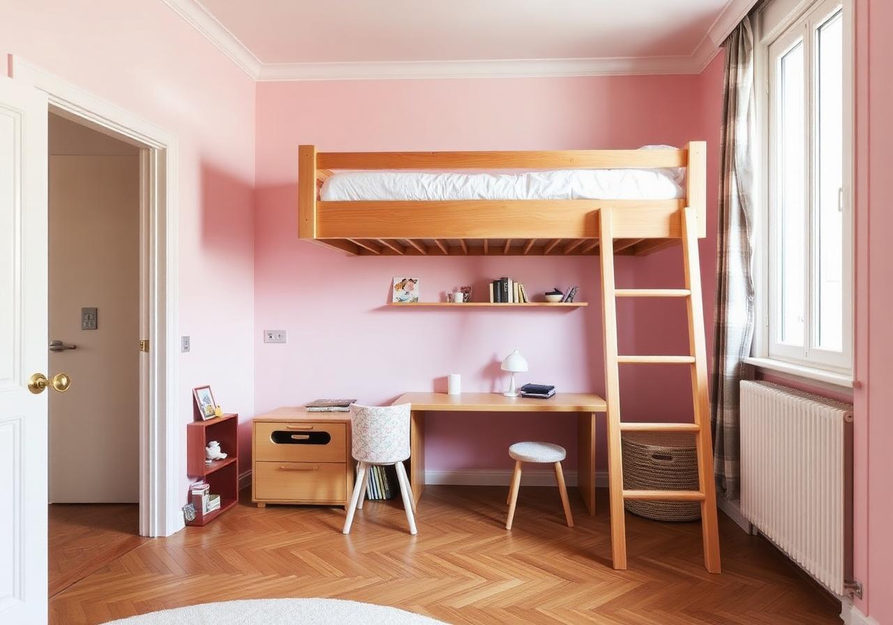 Après aménagement chambre enfant Paris 17 : peinture rose poudré, lit mezzanine chêne sur-mesure et bureau intégré