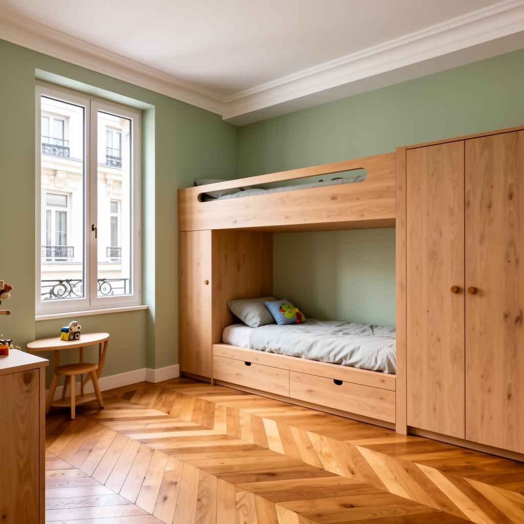 Après aménagement chambre enfant Paris 11 : lit superposé chêne sur-mesure, dressing intégré et peinture vert sauge sans COV