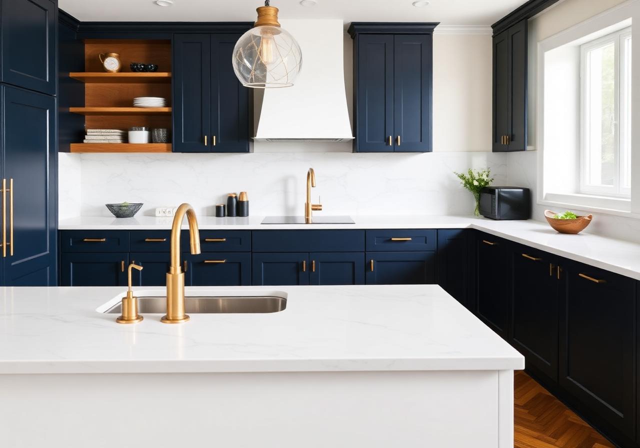 Après rénovation cuisine Paris 15 : meubles bleu nuit, plan marbre blanc et robinetterie laiton