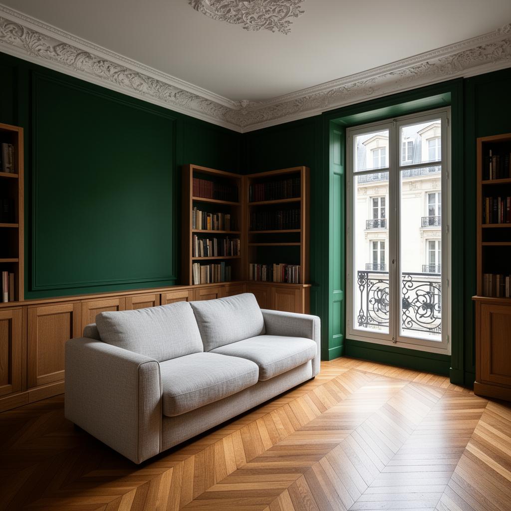 Après décoration intérieure salon Haussmannien Paris 7 : moulures restaurées, peinture vert profond mate et bibliothèques chêne sur-mesure
