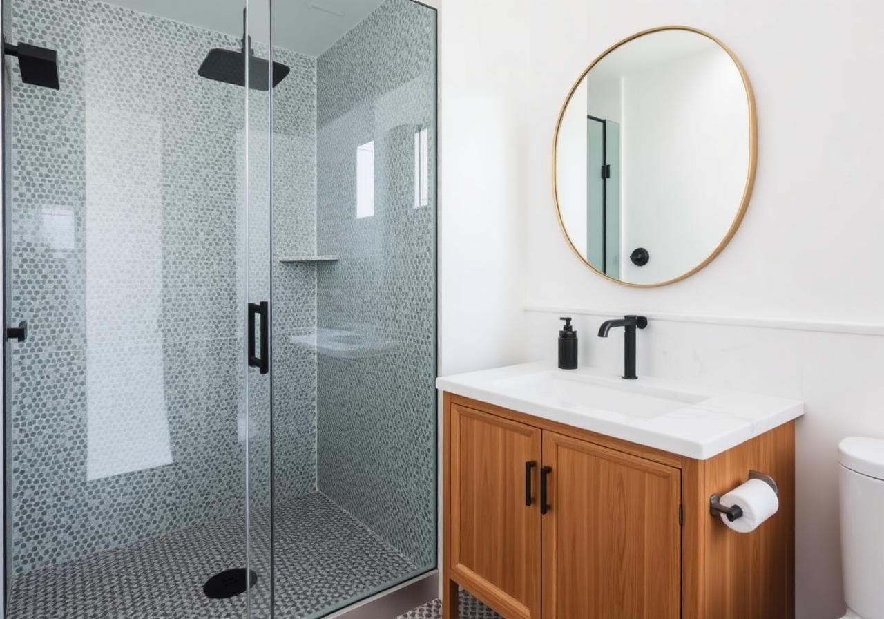 Après rénovation petite salle de bain Paris 12 : douche italienne mosaïque galets, vasque chêne et robinetterie noir mat