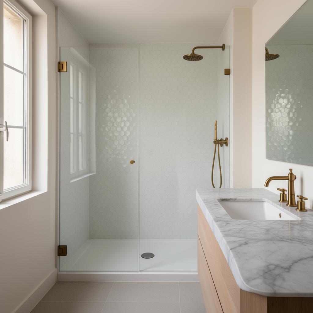 Après rénovation salle de bain Paris 16 : douche à l'italienne zellige, plan vasque marbre Carrare et robinetterie laiton brossé