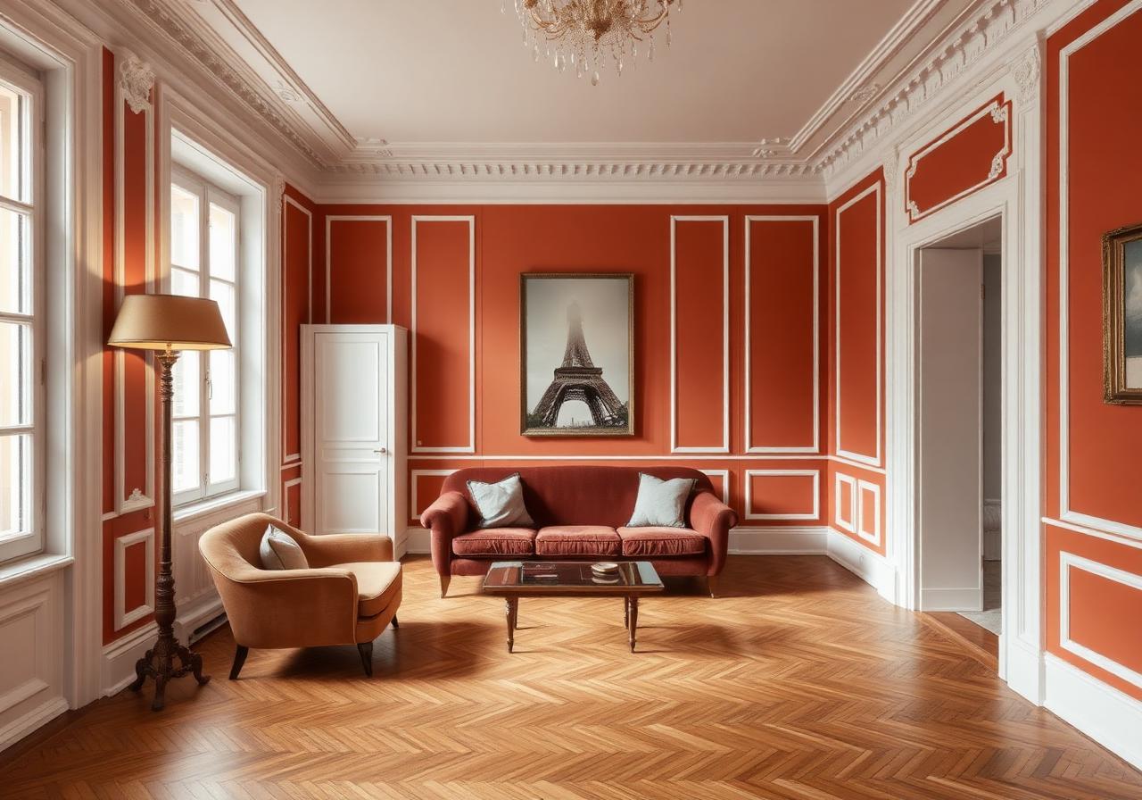 Après décoration salon haussmannien Paris 9 : peinture terracotta mate, moulures et boiseries blanches restaurées, parquet chevron vitrifié