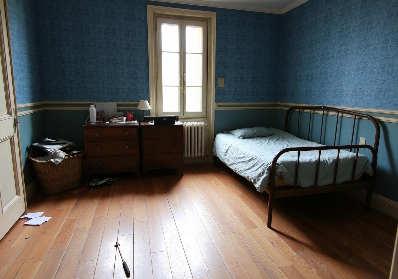 Avant aménagement chambre enfant Paris 17 : papier peint bleu défraîchi et mobilier ancien