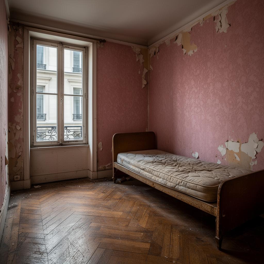 Avant aménagement chambre enfant Paris : papier peint rose qui s'écaille et parquet chevron rayé