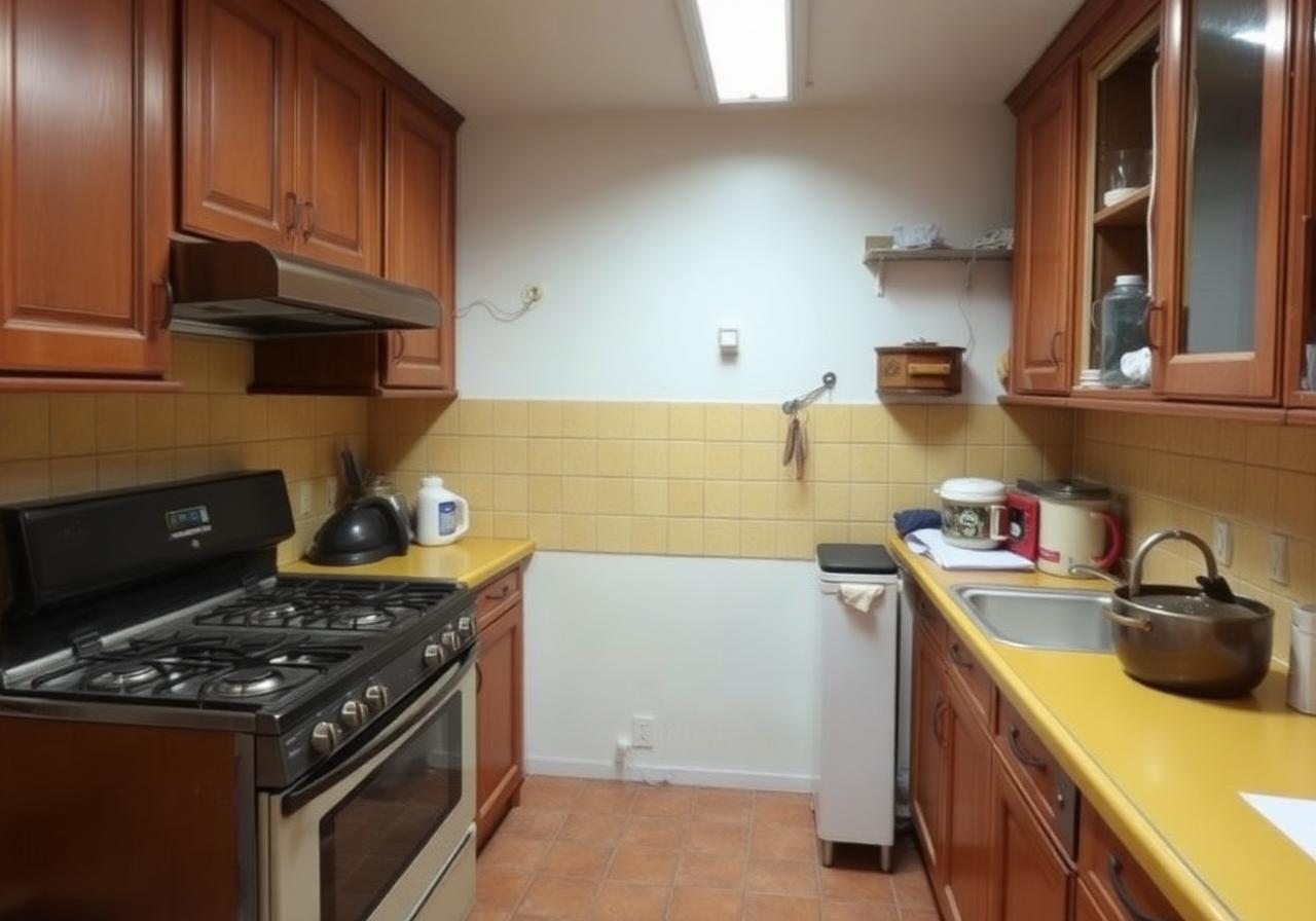 Avant rénovation cuisine Paris 15 : meubles bois années 90 et carrelage jaune défraîchi