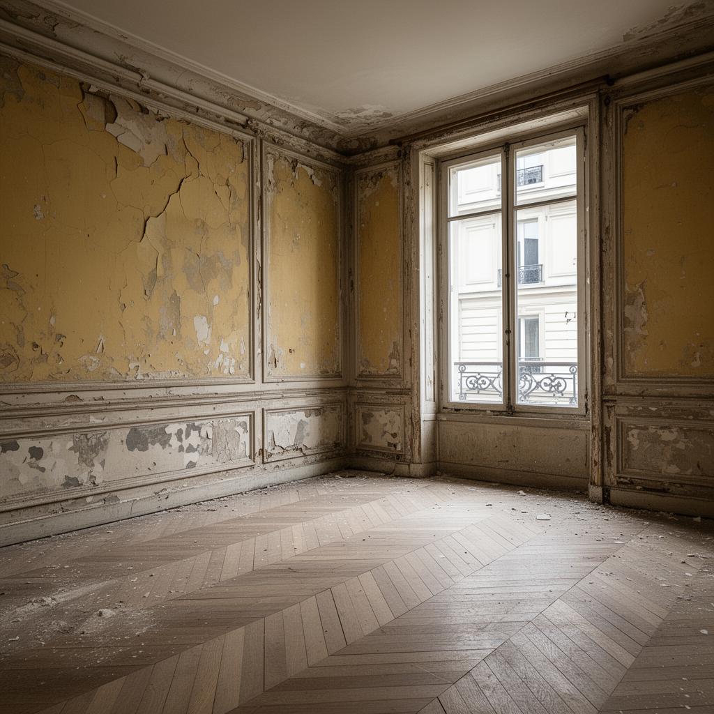 Avant décoration salon Haussmannien Paris : peinture jaune écaillée, moulures abîmées et parquet usé à Paris 7