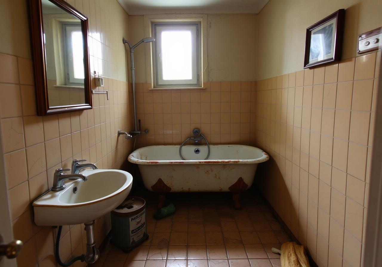 Avant rénovation petite salle de bain Paris 12 : faïence orangée années 70 et baignoire fonte rouillée