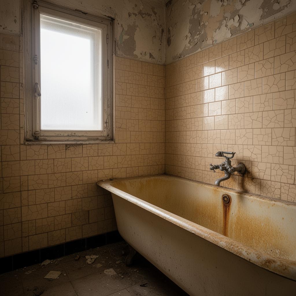 Avant rénovation salle de bain Paris : faïence beige fissurée et baignoire en fonte rouillée à Paris 16