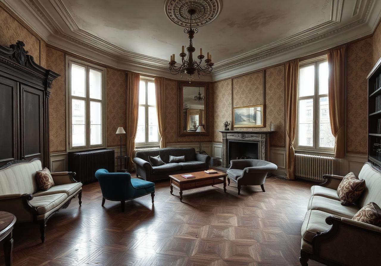 Avant rénovation salon haussmannien Paris 9 : papier peint beige défraîchi, moulures abîmées et parquet usé